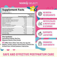 Mama's Select postnatal vitamins label highlights vegan, allergen-free formula supporting new mom wellness