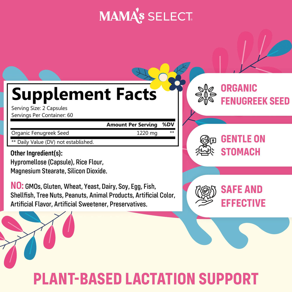 Mama's Select fenugreek capsules pack-front promotes easy daily intake for nursing moms.
