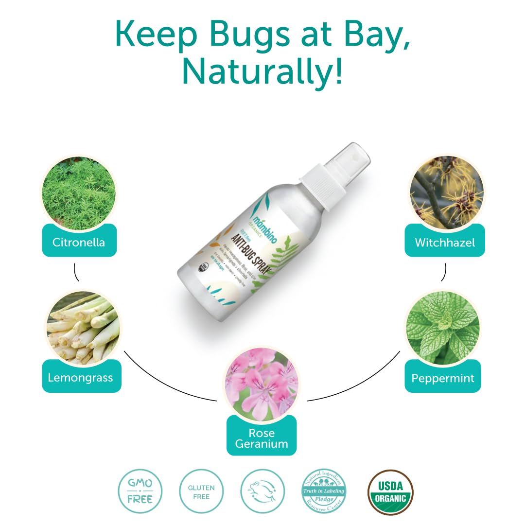 Hands applying Mambino Organics Anti-Bug Spray to skin for DEET-free protection.