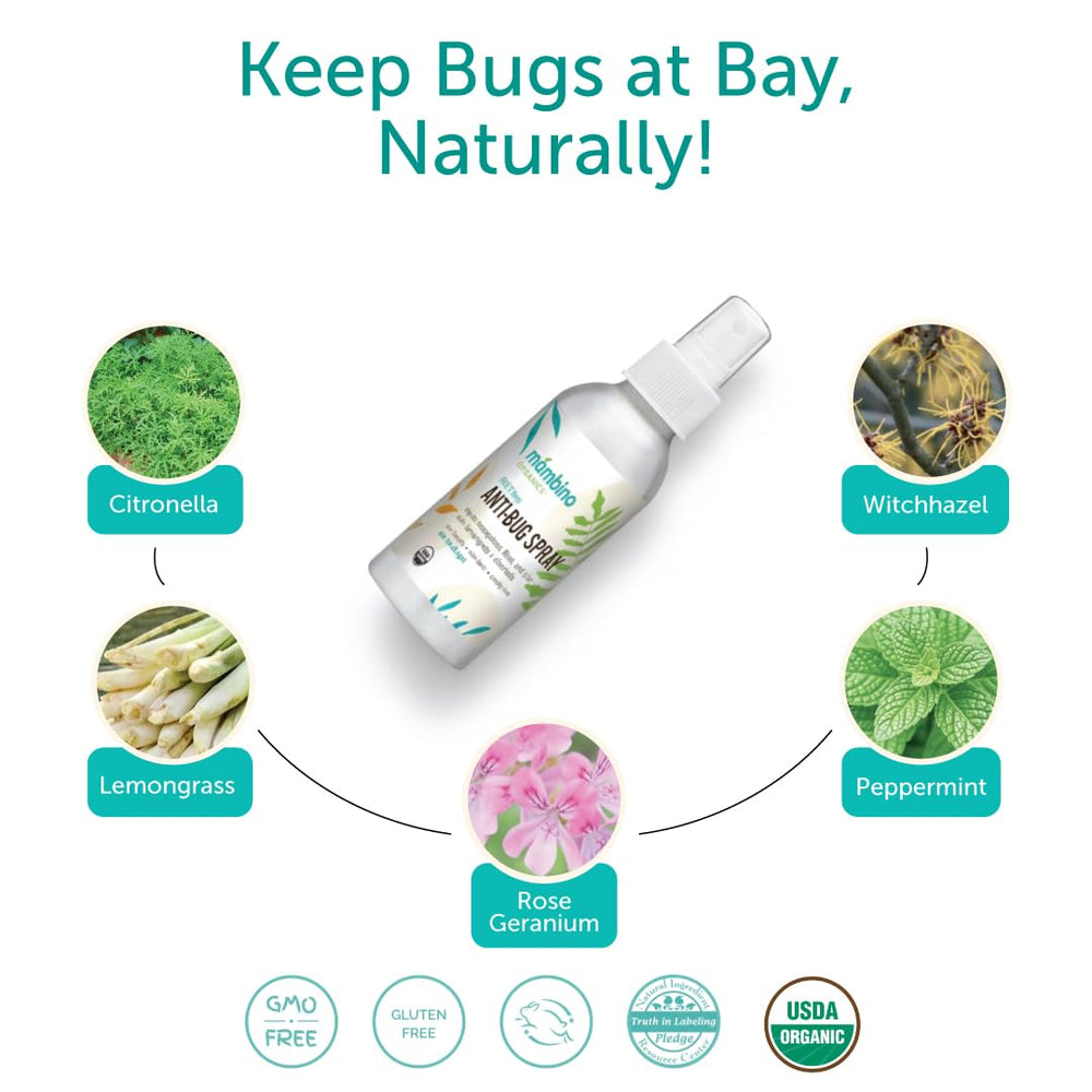 Hands applying Mambino Organics Anti-Bug Spray to skin for DEET-free protection.