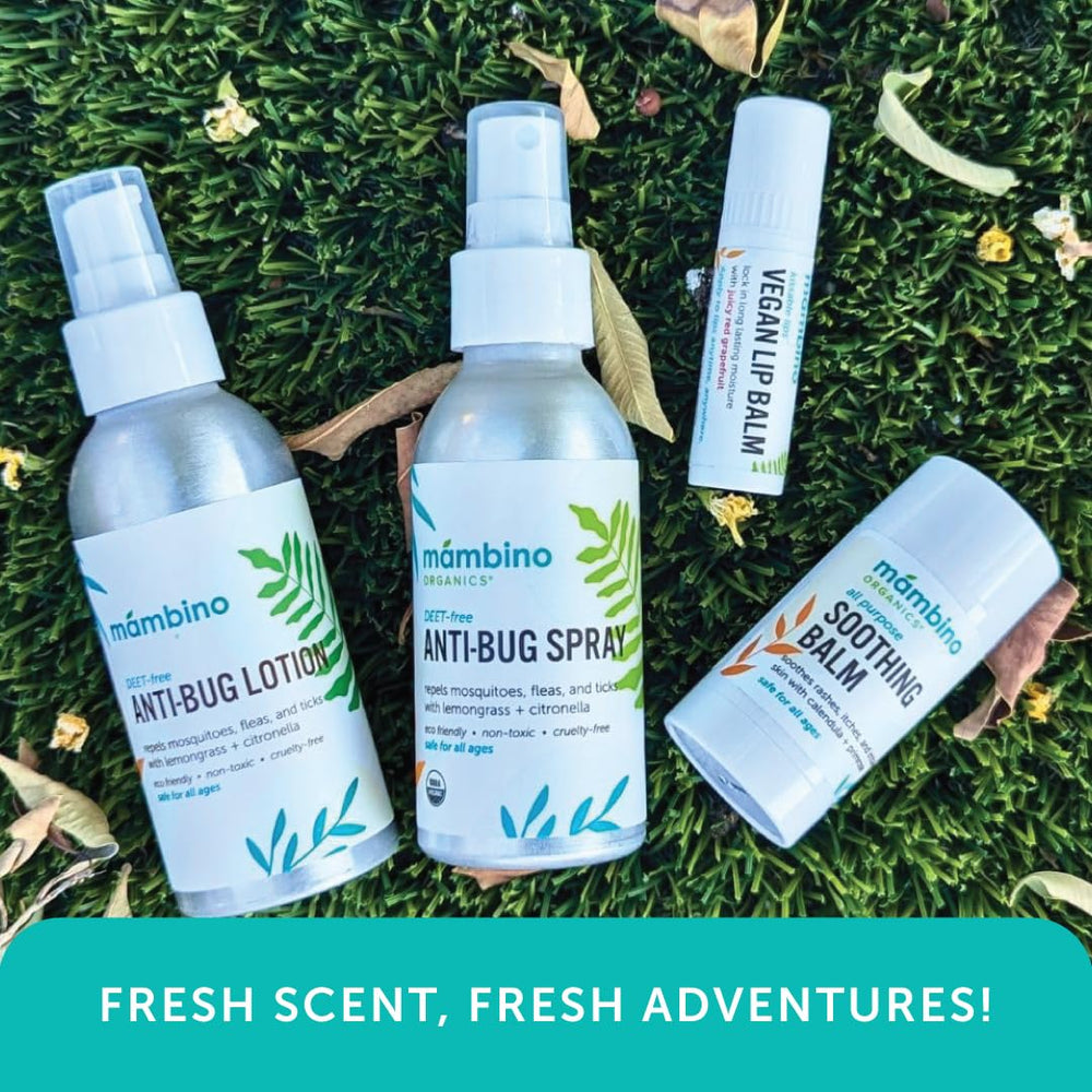 Mambino Organics Anti-Bug Spray visible on a backyard patio setup.