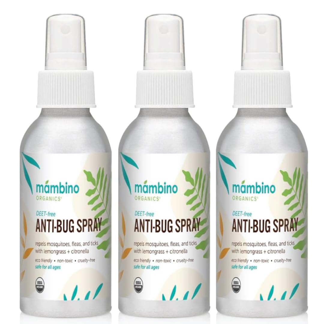 Mambino Organics Anti-Bug Spray bottle shown for outdoor use with lightweight protection.