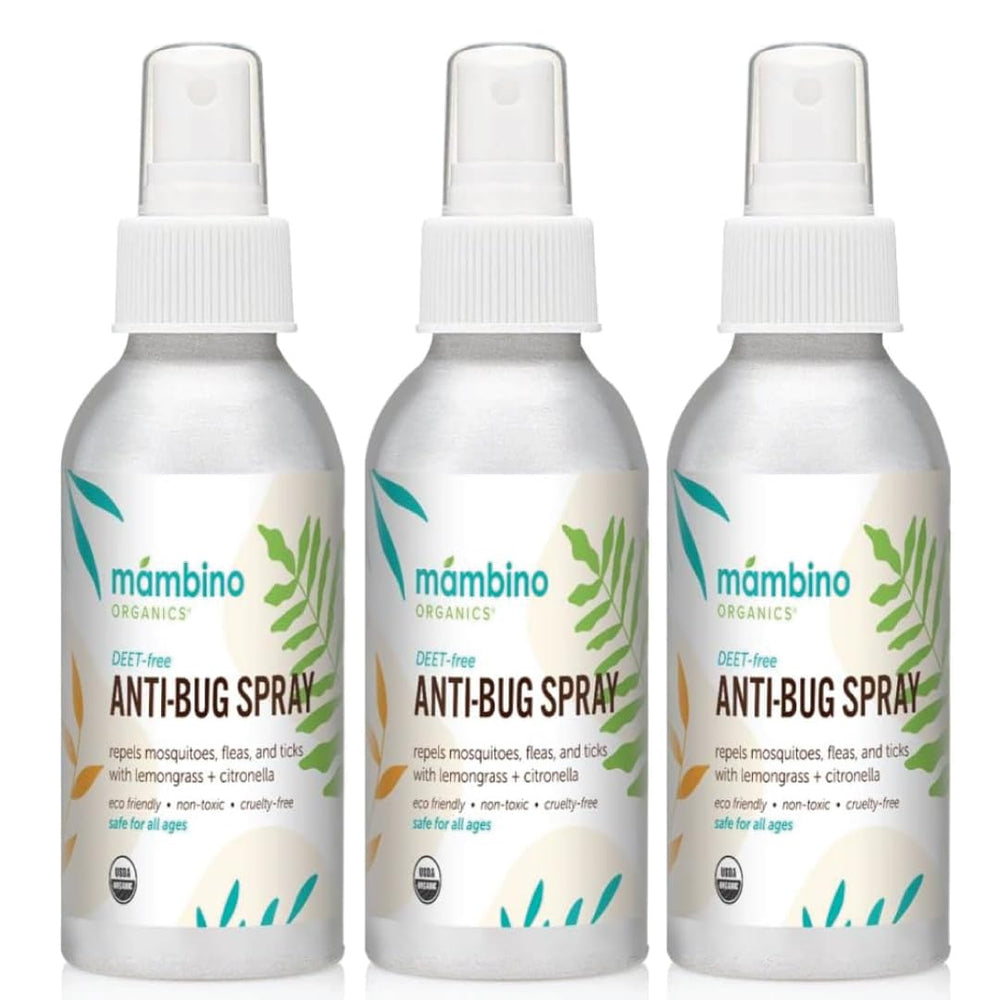 Mambino Organics Anti-Bug Spray bottle shown for outdoor use with lightweight protection.