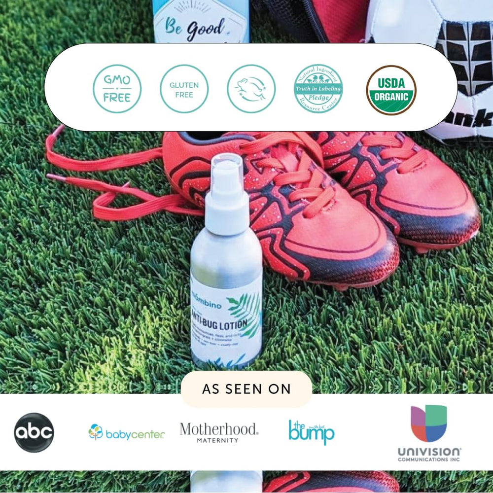 Hiking scene with Mambino Organics Anti-Bug Spray for camping protection.