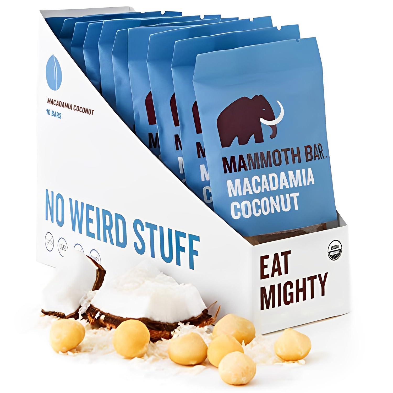Mammoth Bar Macadamia Coconut Bar packaging highlighting convenience and clean ingredients