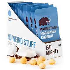Mammoth Bar Macadamia Coconut Bar packaging highlighting convenience and clean ingredients