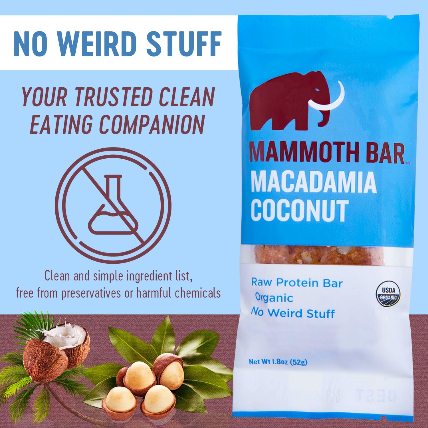 Mammoth Bar Macadamia Coconut Bar unwrapped and ready to eat