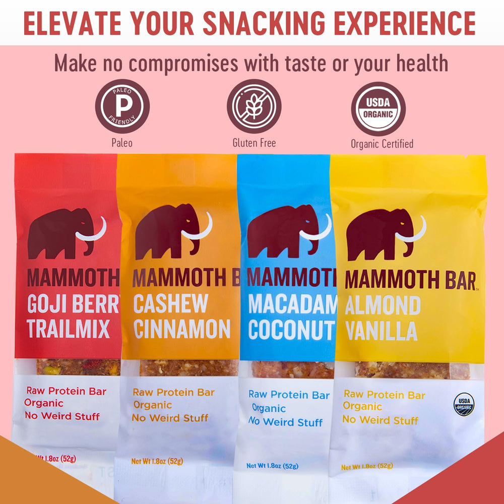 Mammoth Bar ingredients panel highlighting organic, paleo-friendly, and gluten-free options.