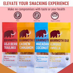 Mammoth Bar ingredients panel highlighting organic, paleo-friendly, and gluten-free options.