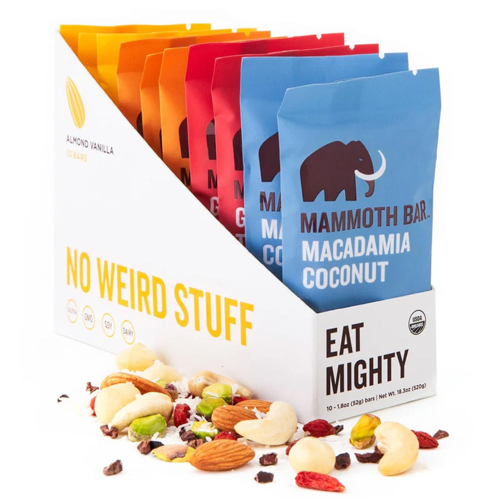 Mammoth Bar variety-pack box showcases 10 organic protein bars for on-the-go energy.