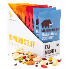 Mammoth Bar variety-pack box showcases 10 organic protein bars for on-the-go energy.