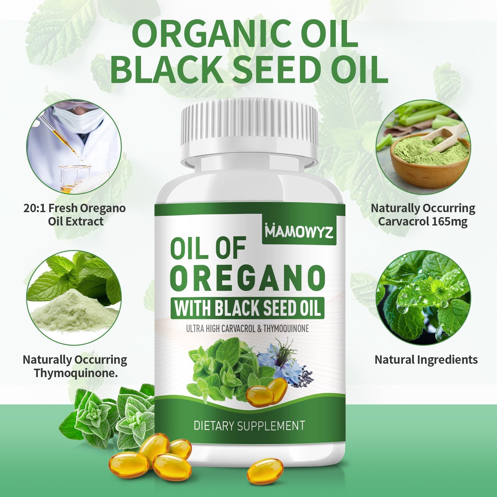 MAMOWYZ ingredients label emphasizes carvacrol and thymoquinone delivery.