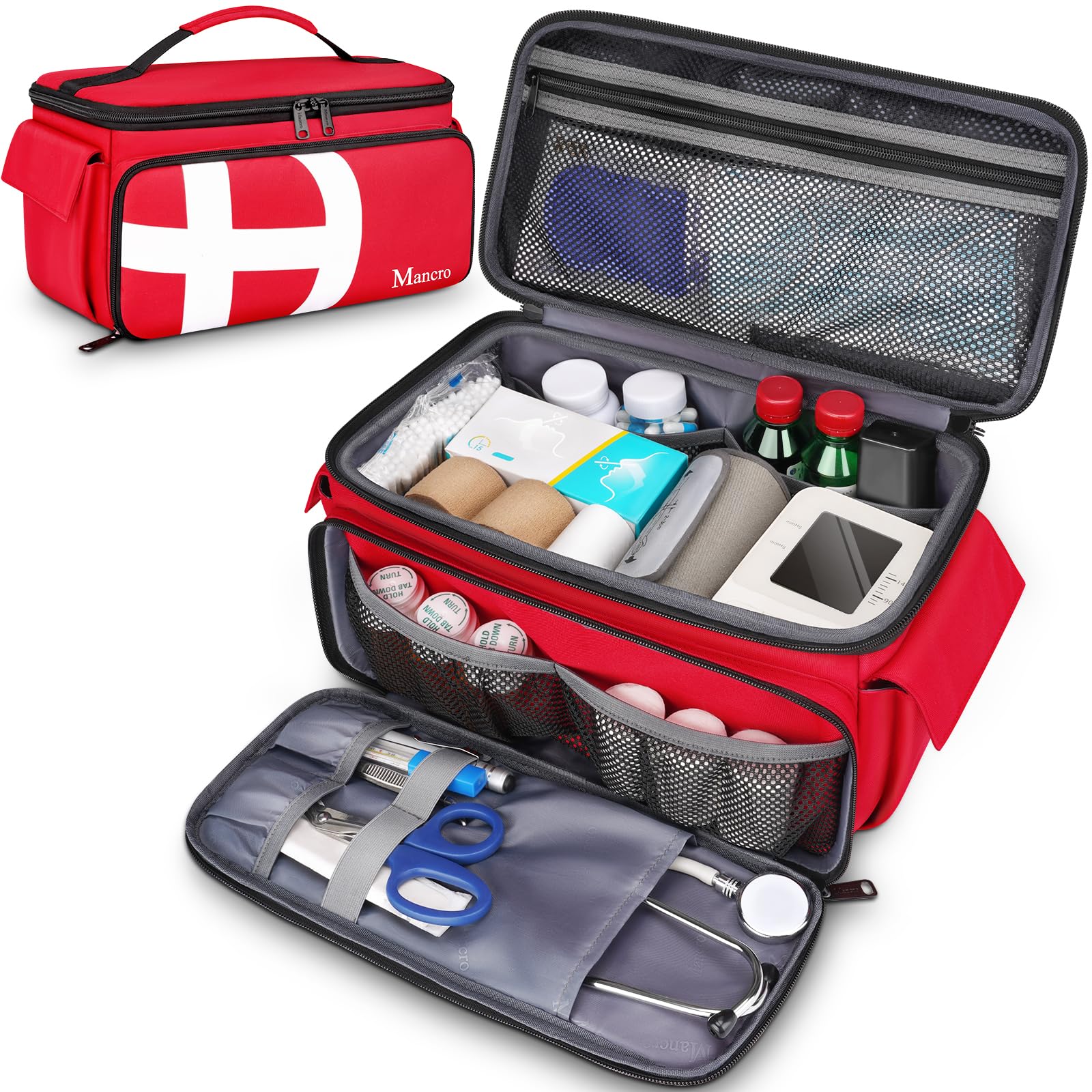 Mancro first aid bag with 12 pockets keeps medical supplies organized for fast retrieval.