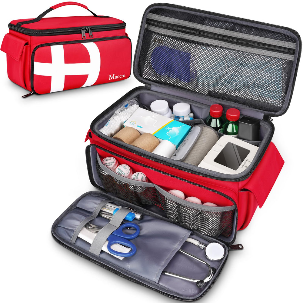 Mancro first aid bag with 12 pockets keeps medical supplies organized for fast retrieval.