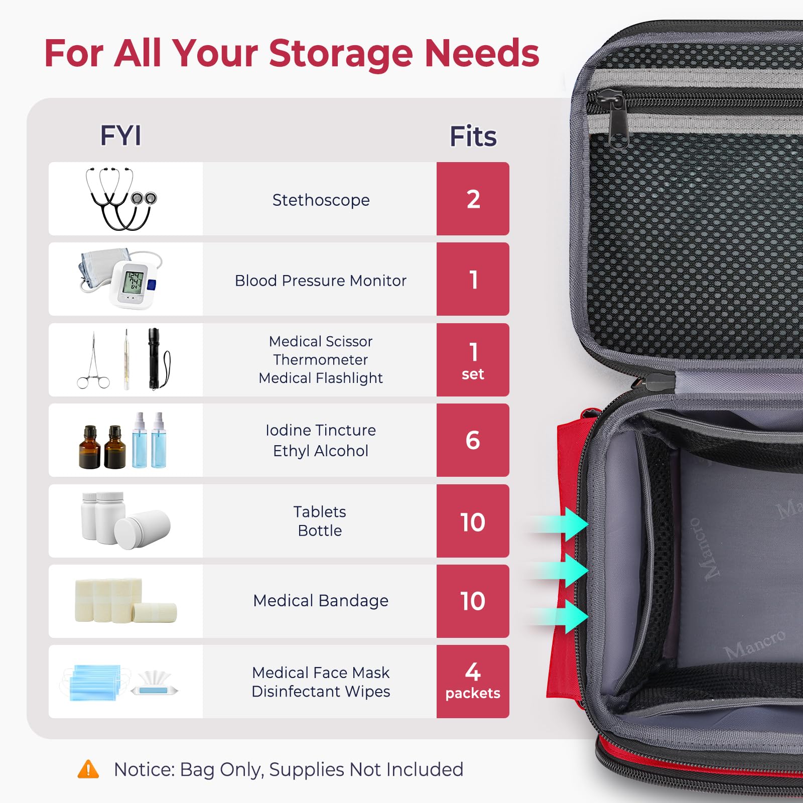 Mancro front stethoscope case pocket protects delicate tools during movement.