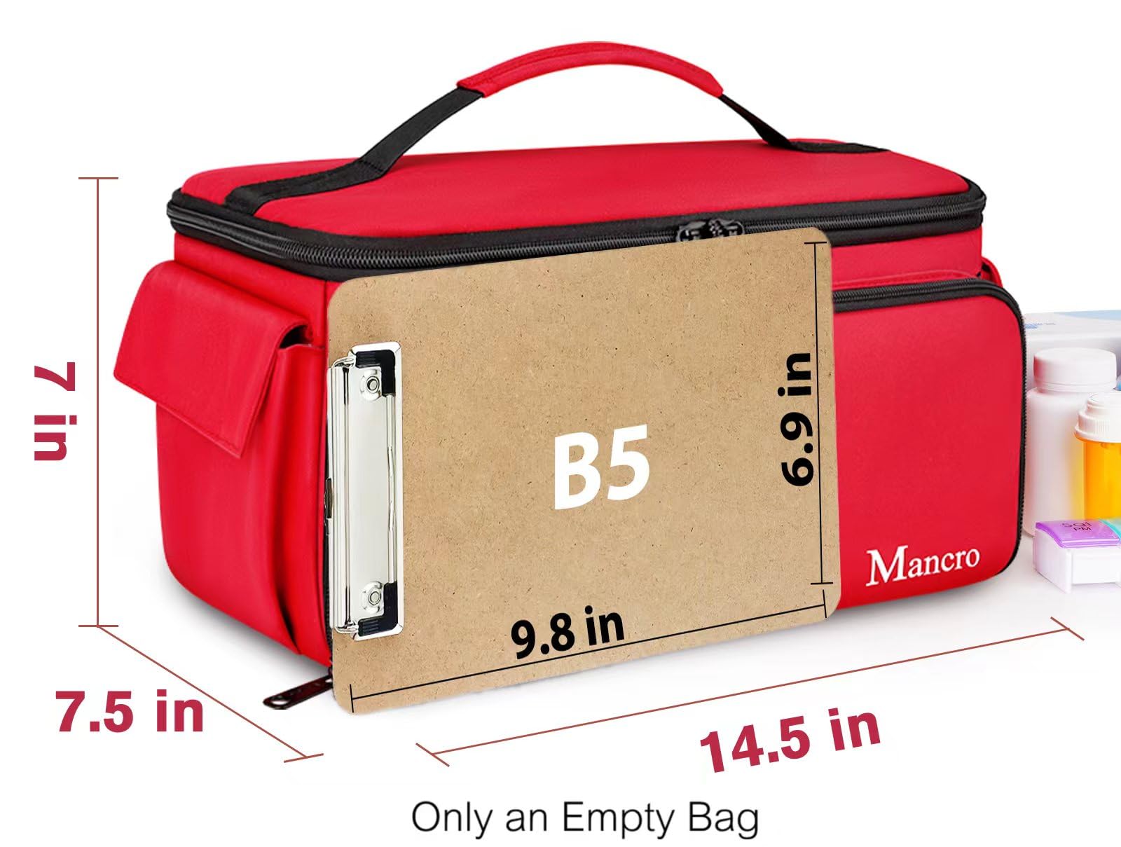 Mancro medical travel bag front pocket for quick access to essential tools on the go.