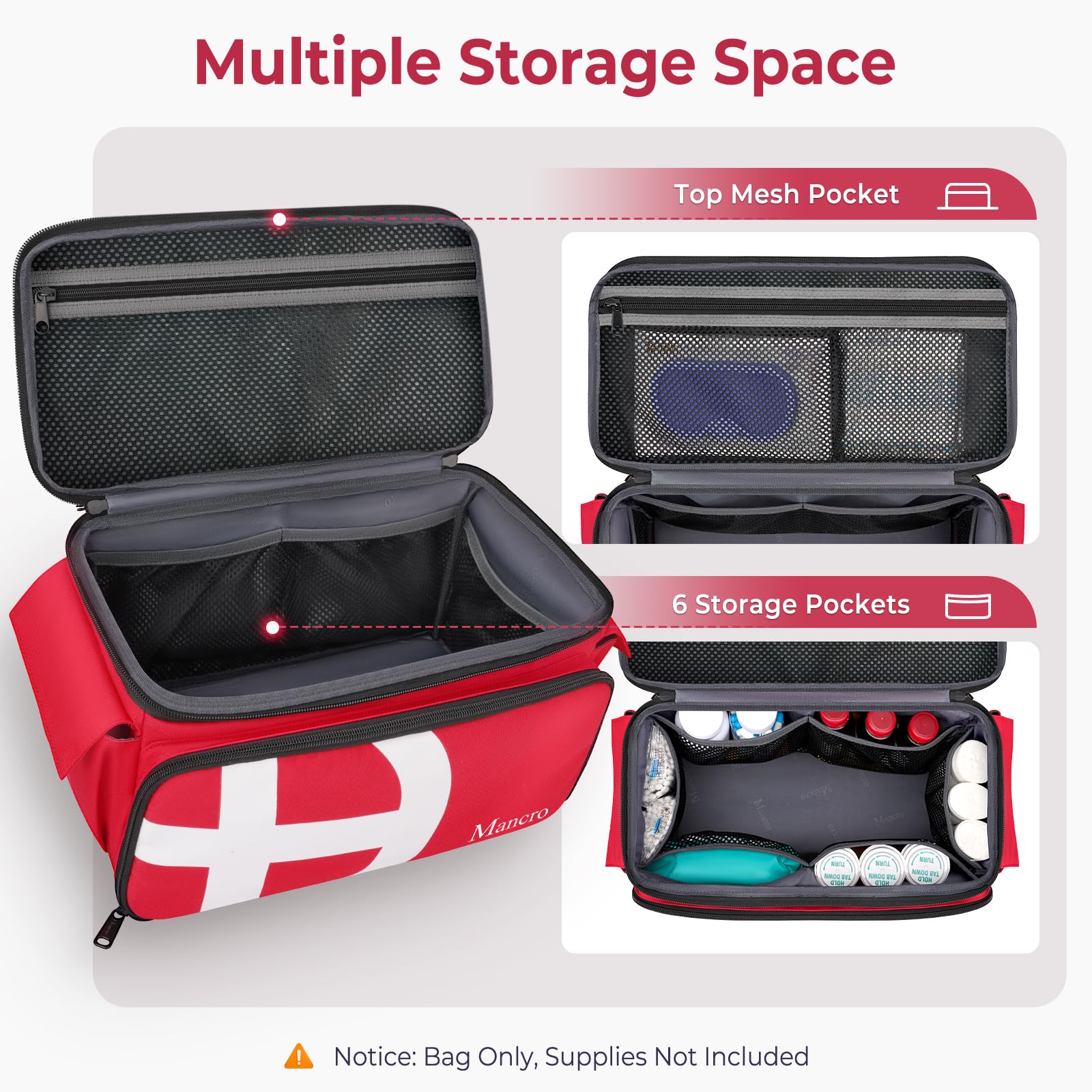 Mancro bag side pockets offer rapid access to bandages and thermometers.