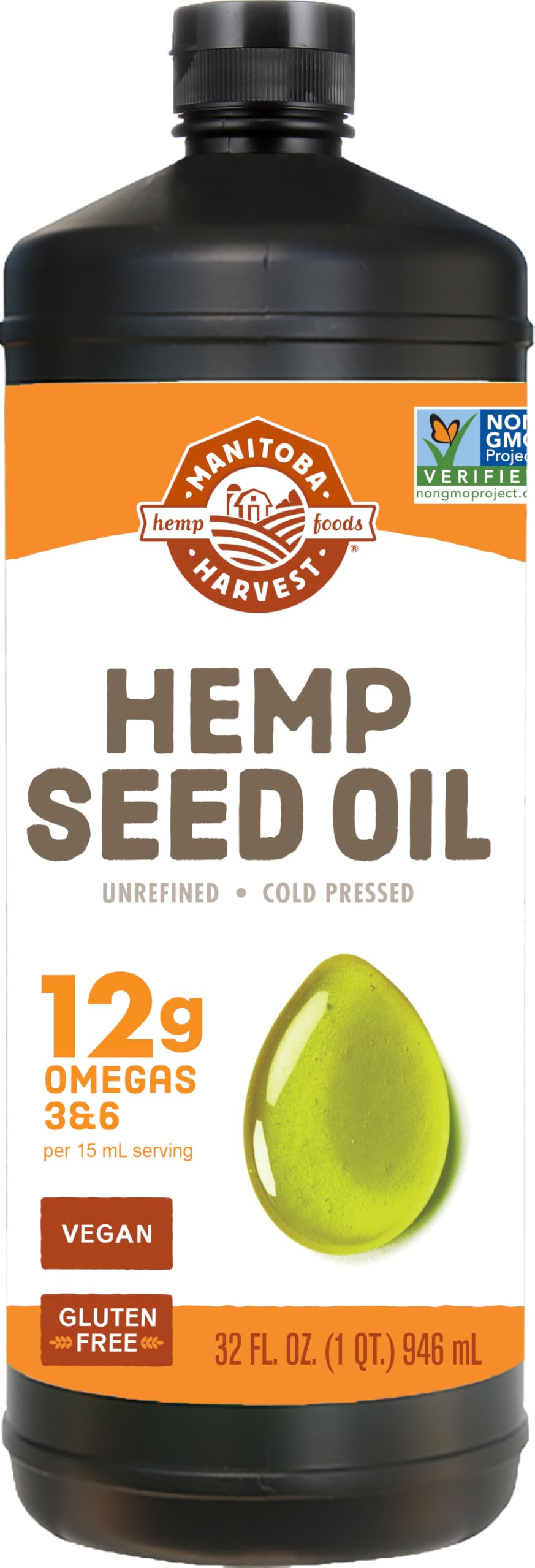 Manitoba Harvest hemp seed oil bottle on counter, ideal for dressings and finishing oils.