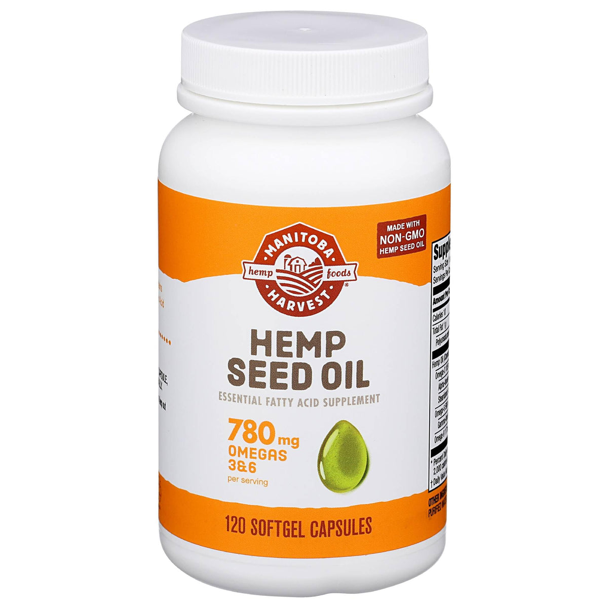 Manitoba Harvest hemp seed oil softgels bottle showing 780 mg omegas per serving for daily support