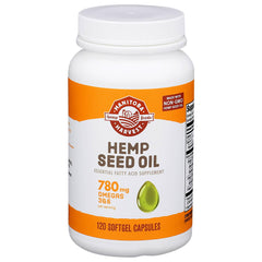 Manitoba Harvest hemp seed oil softgels bottle showing 780 mg omegas per serving for daily support