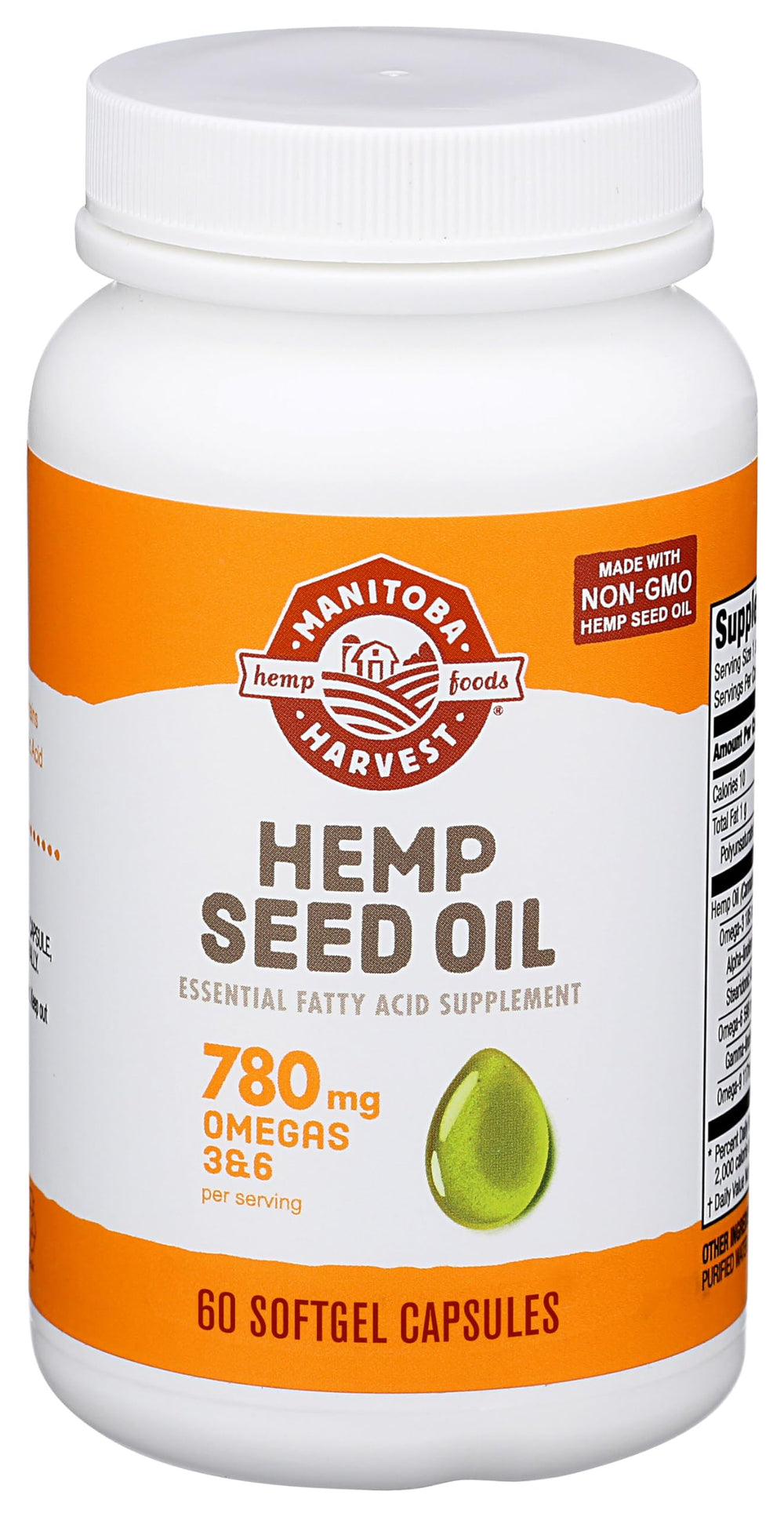 Manitoba Harvest hemp seed oil softgels bottle front highlighting plant-based omegas