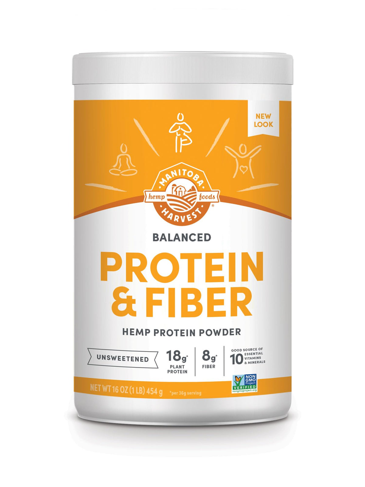 Manitoba Harvest Hemp Yeah Balanced Protein + Fiber Powder tub front showing protein and fiber benefits.