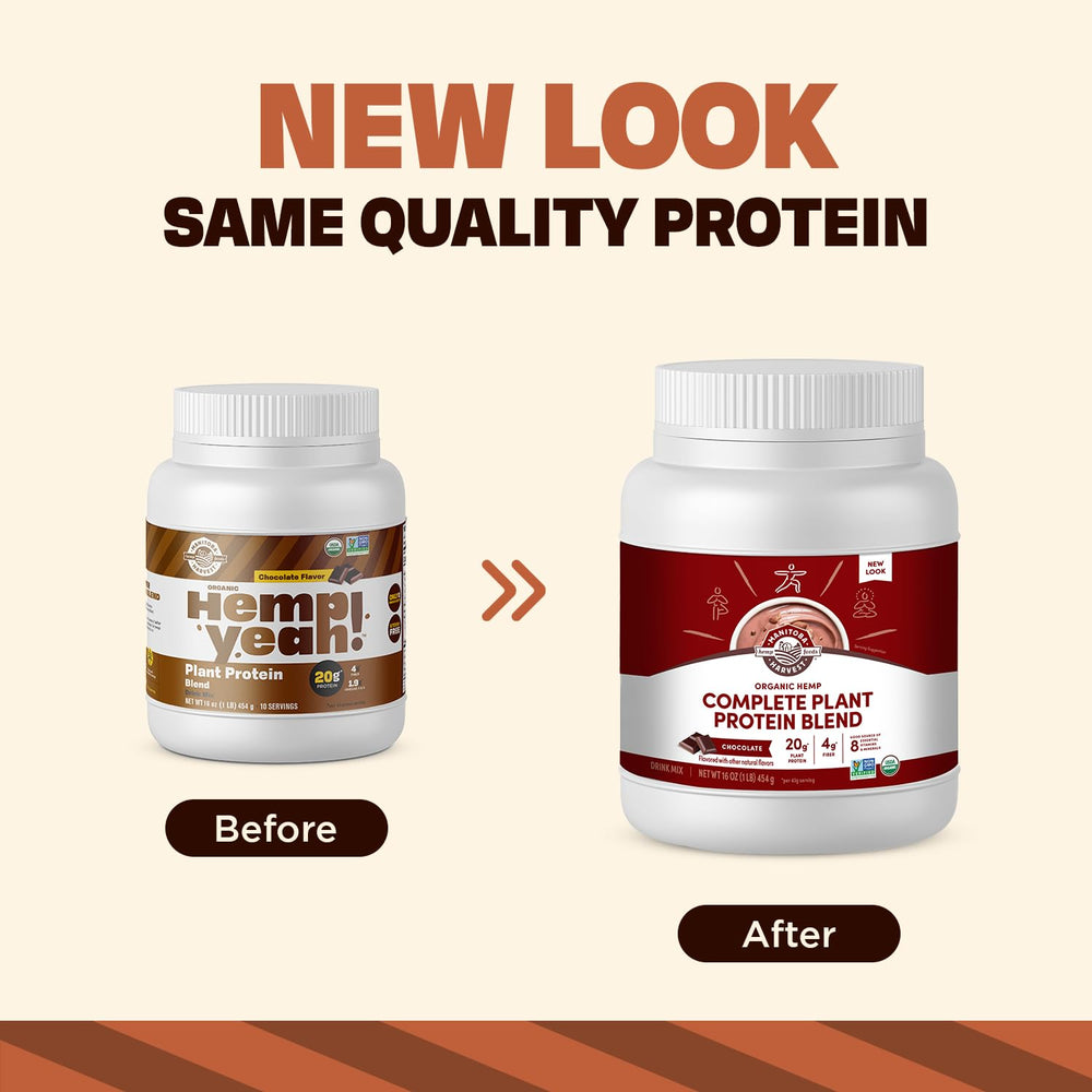 Hemp Yeah! protein powder scoop beside blender for quick smoothies