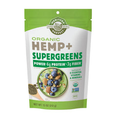 Manitoba Harvest Hemp+ Supergreens front label highlights organic ingredients and daily protein support