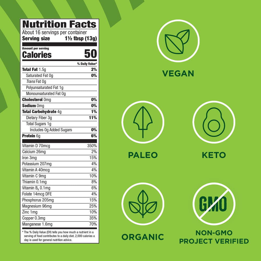 Manitoba Harvest Hemp+ Supergreens powder in a shake glass demonstrates convenient plant-based nutrition