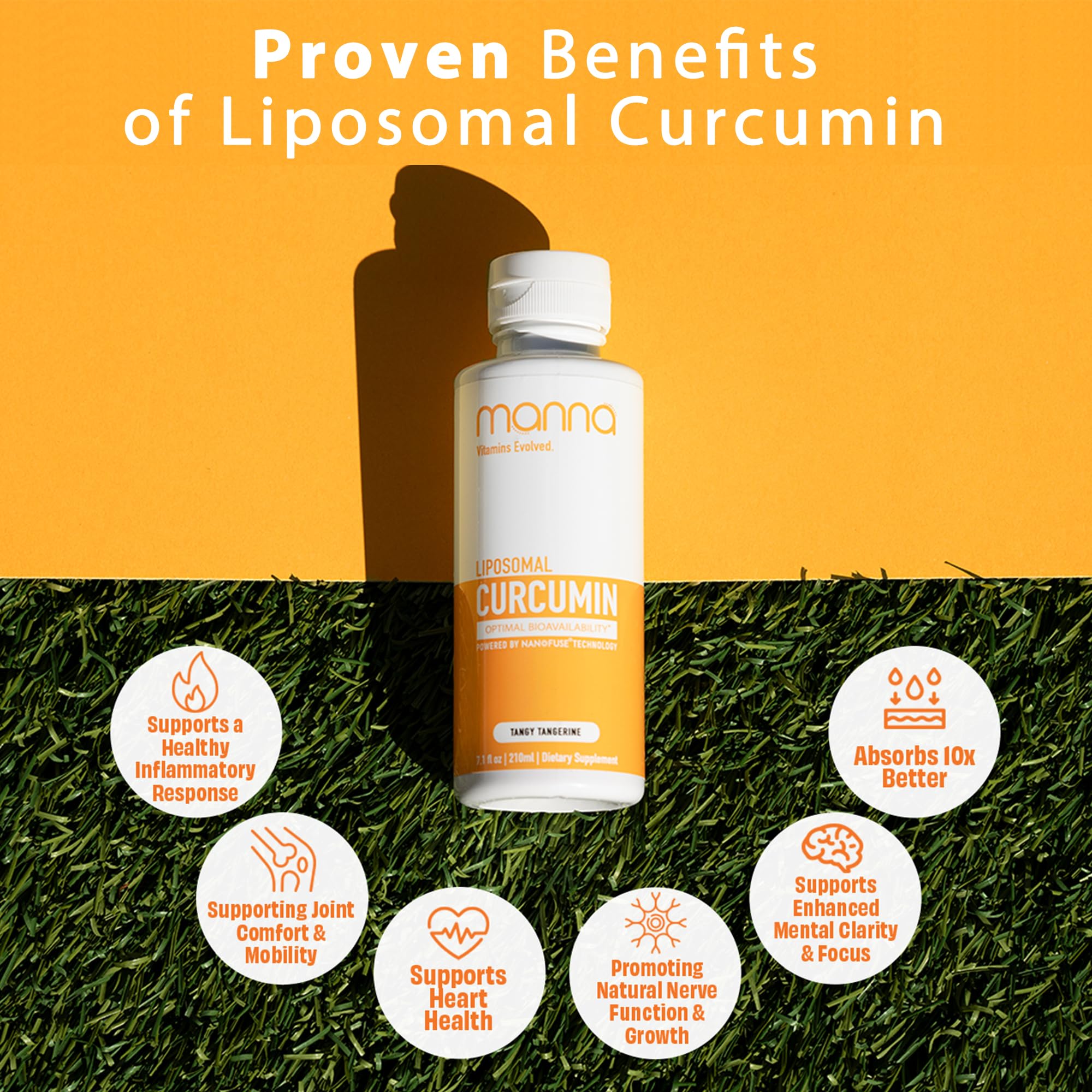 Manna Vitamins Evolved curcumin liquid serving image emphasizes smooth texture.