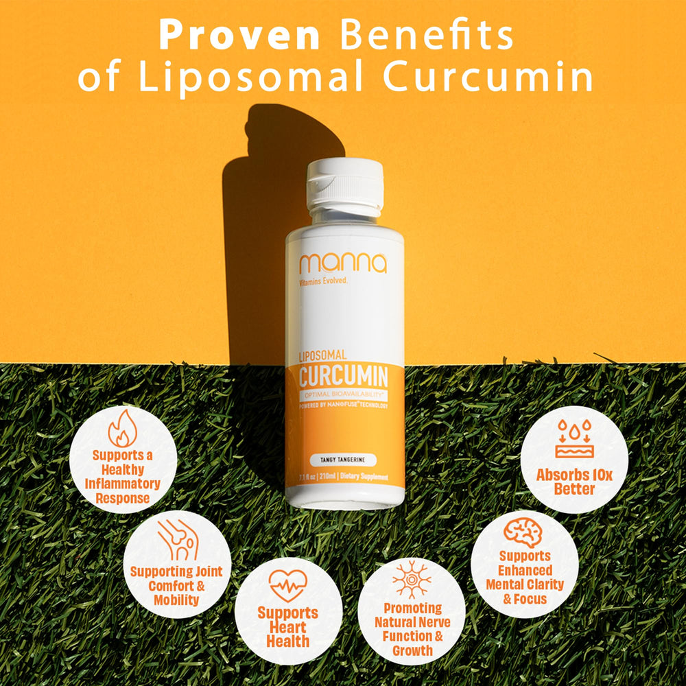 Manna Vitamins Evolved curcumin liquid serving image emphasizes smooth texture.