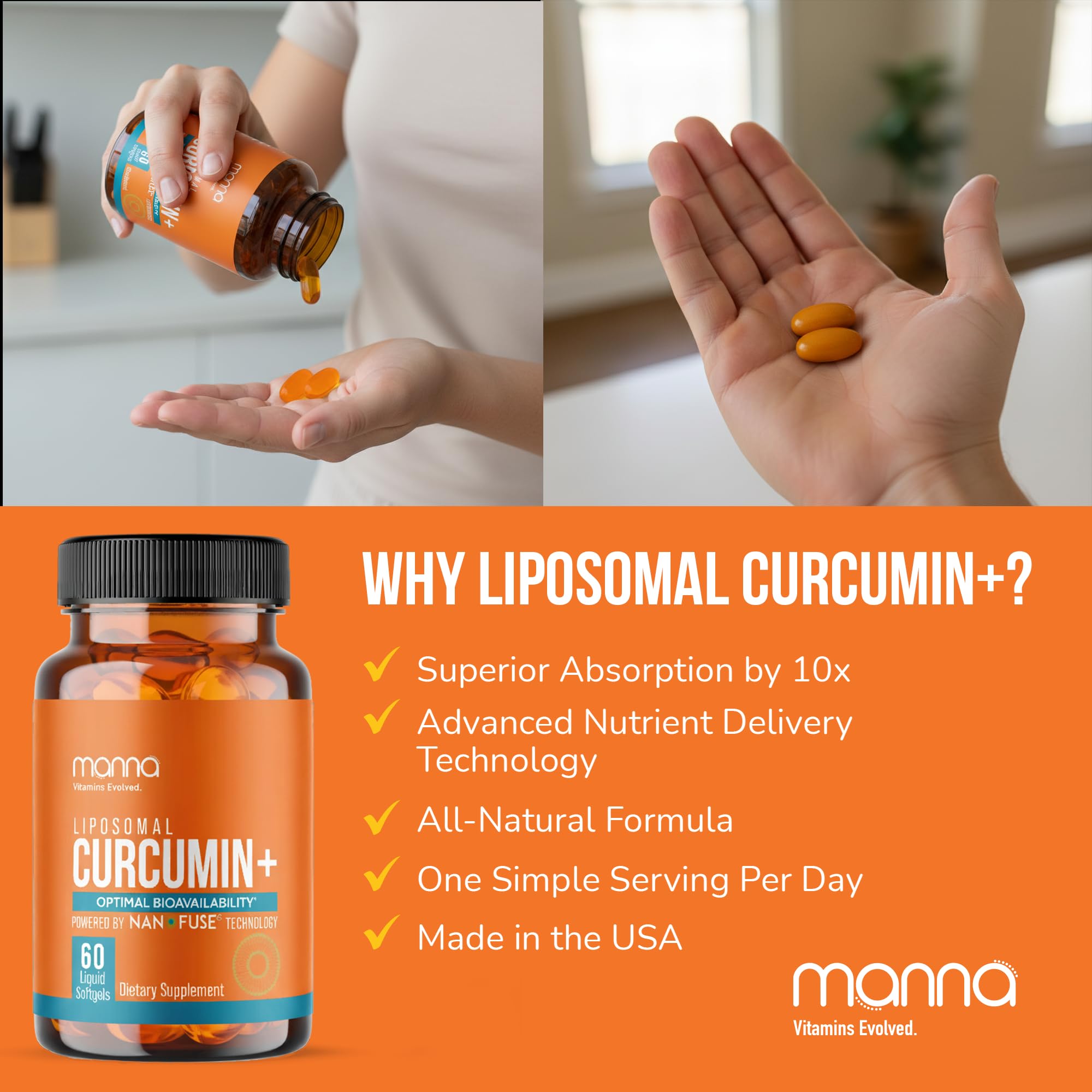 Manna Vitamins Evolved Liposomal Curcumin+ made in USA seal: trusted production standards.