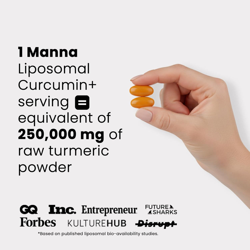 Manna Vitamins Evolved Liposomal Curcumin+ softgels: easy-to-swallow capsules with enhanced bioavailability.