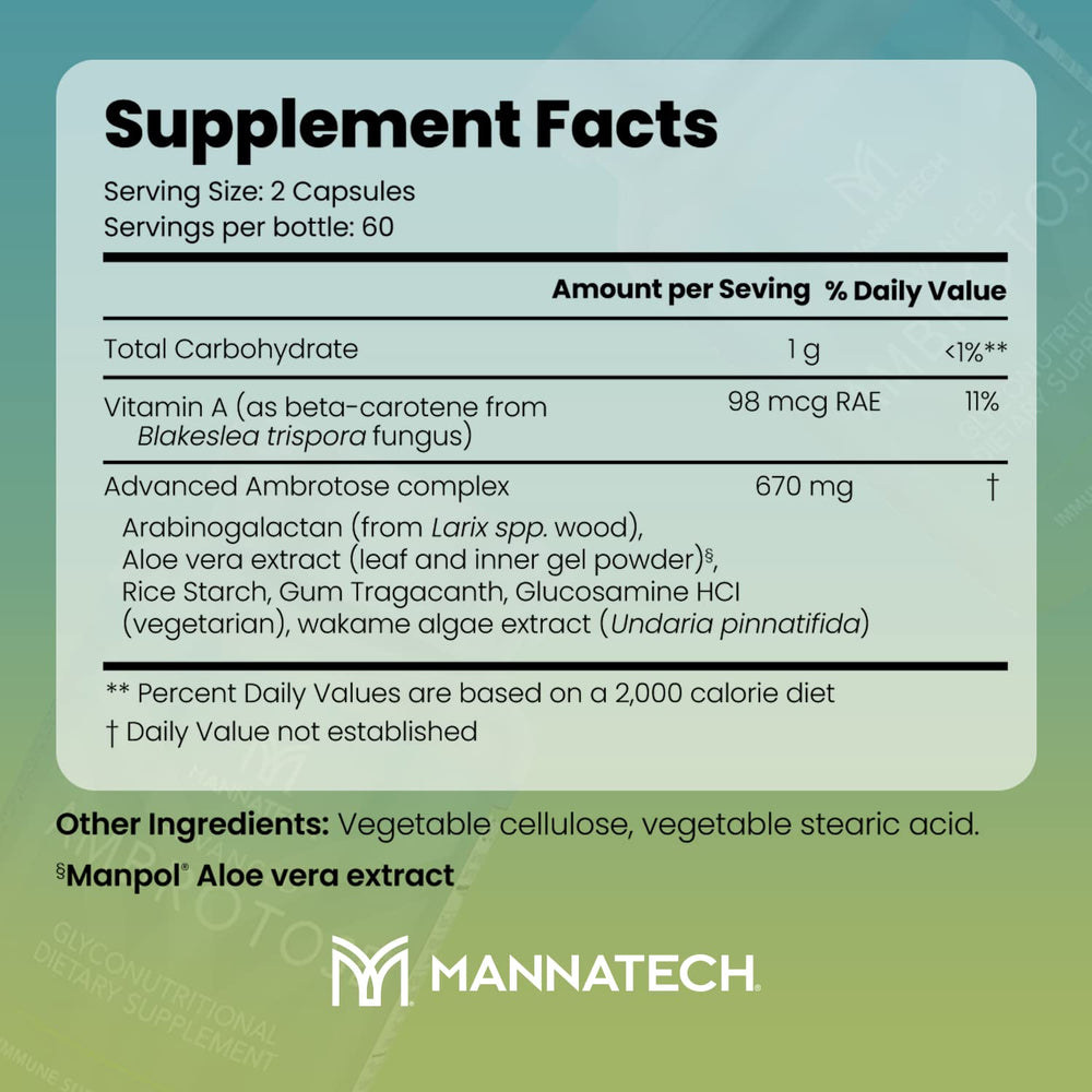 Close-up of Mannatech Advanced Ambrotose label highlighting Aloe Vera and Vitamin A