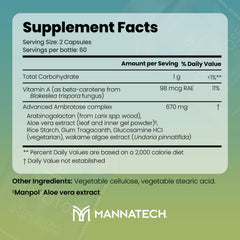 Close-up of Mannatech Advanced Ambrotose label highlighting Aloe Vera and Vitamin A
