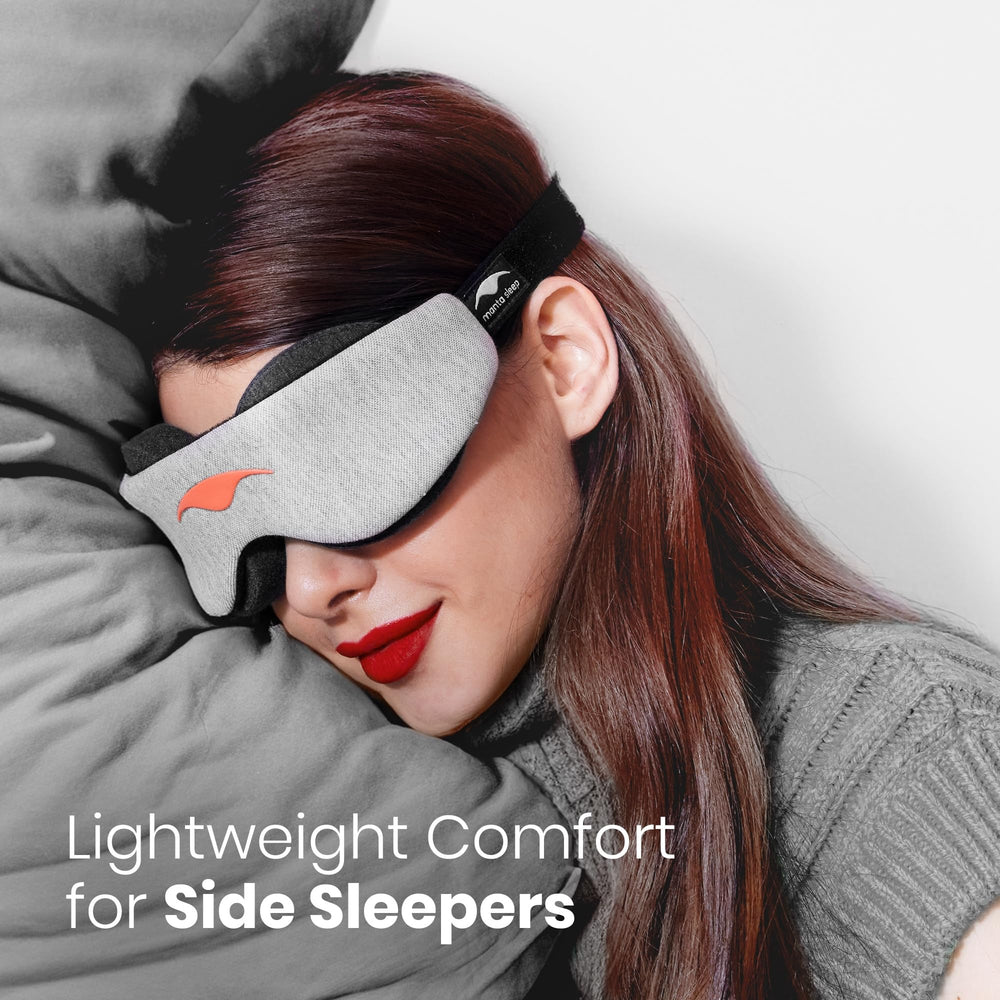 Manta Slim Sleep Mask adjustable eye cups demonstrate customizable fit for side sleepers.