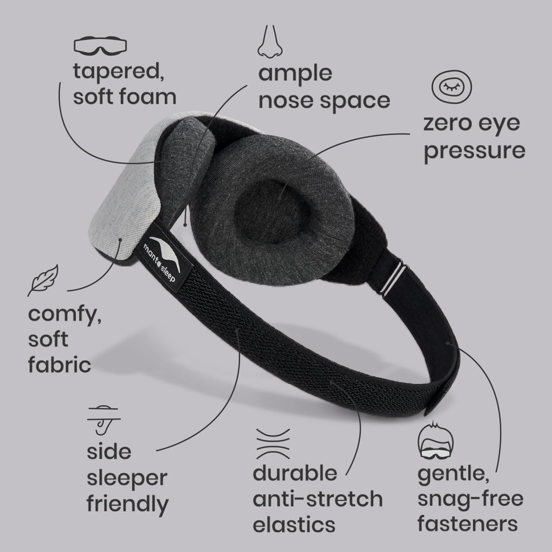 Manta Slim Sleep Mask packaging highlighting minimalist design and travel-friendly form.