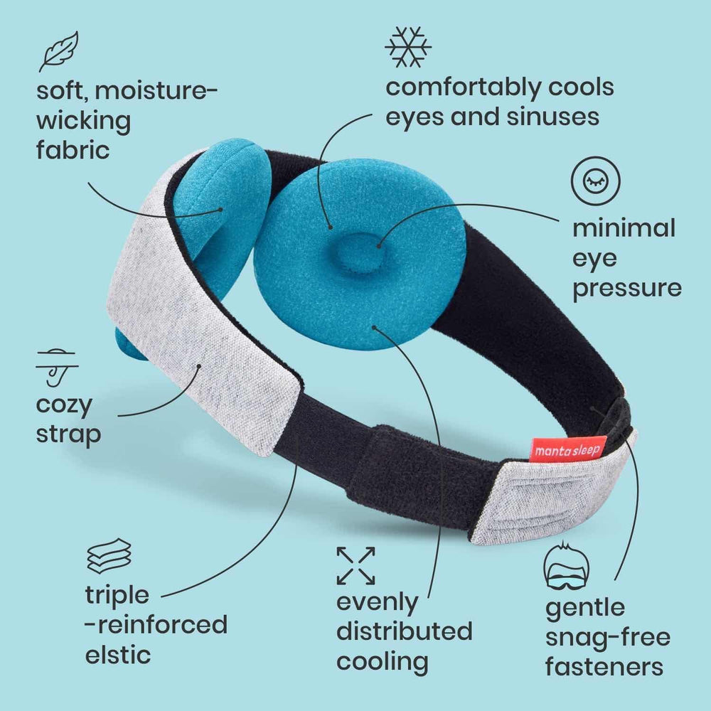 Manta Sleep eye cups surround eyes without pressure while delivering calming cooling relief.