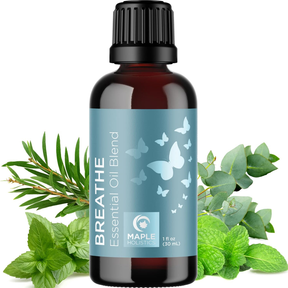 Maple Holistics Breathe bottle beside diffuser for refreshing room ambiance