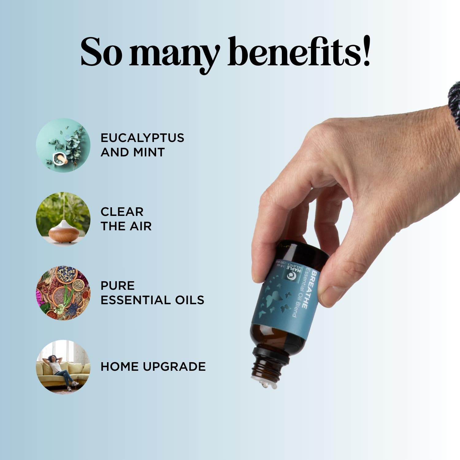 Maple Holistics Breathe eucalyptus oil closeup highlighting refreshing aroma