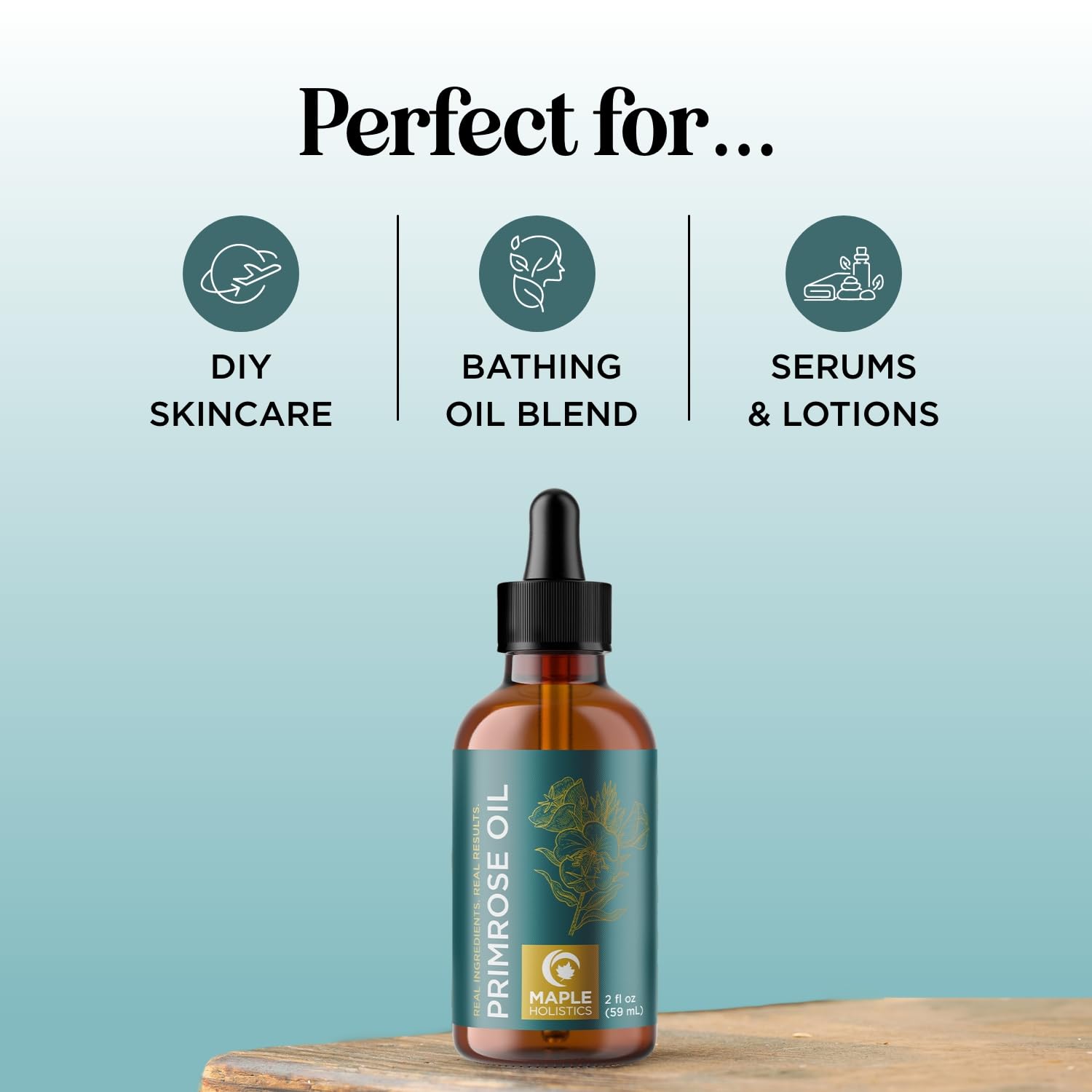 Maple Holistics Evening Primrose Oil pour shot demonstrates easy application for dry skin.