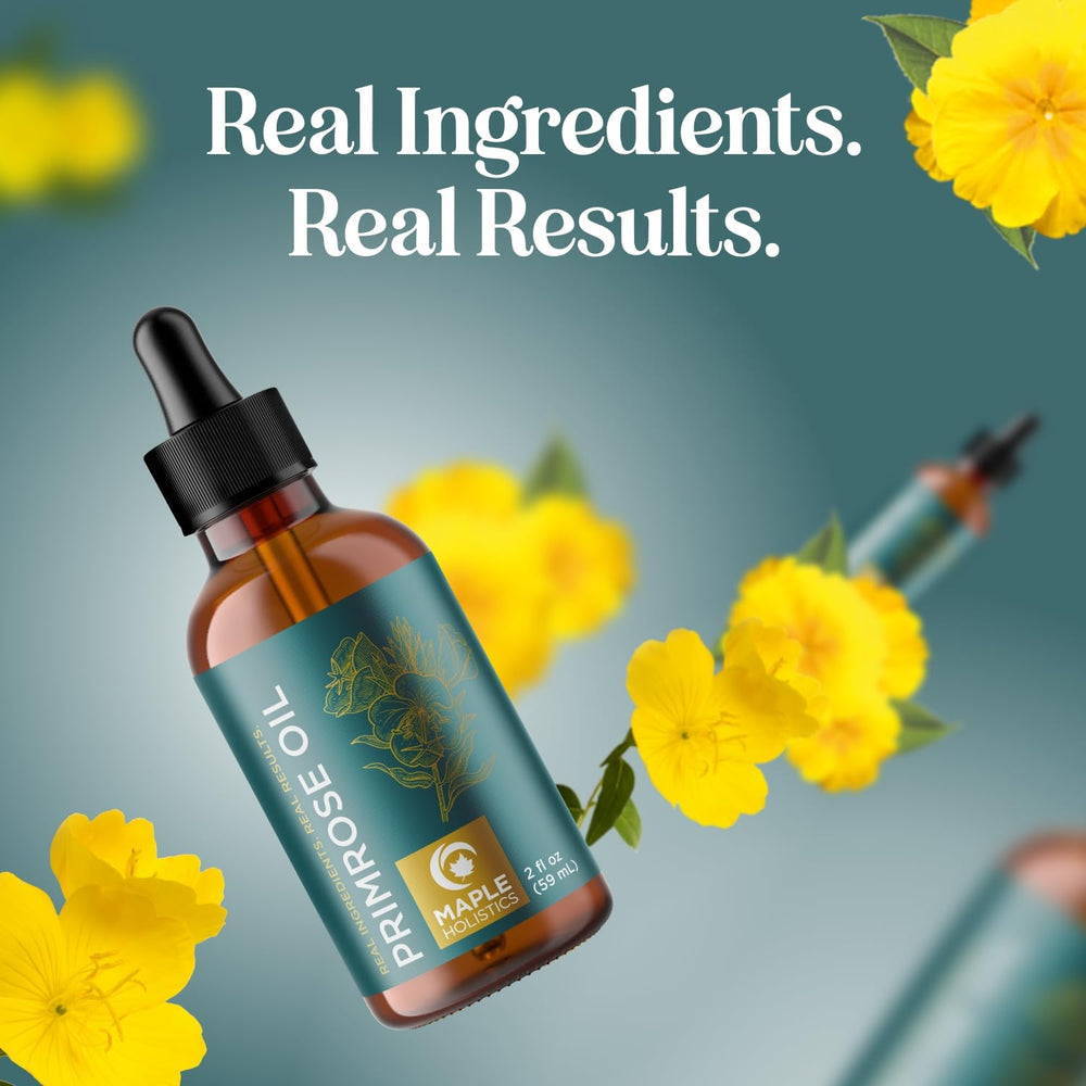 Maple Holistics Evening Primrose Oil product shot beside essential oils.