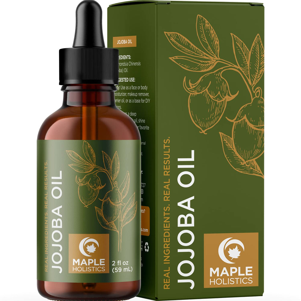 Maple Holistics Nourishing Jojoba Oil bottle pour for smooth skin and hair hydration.