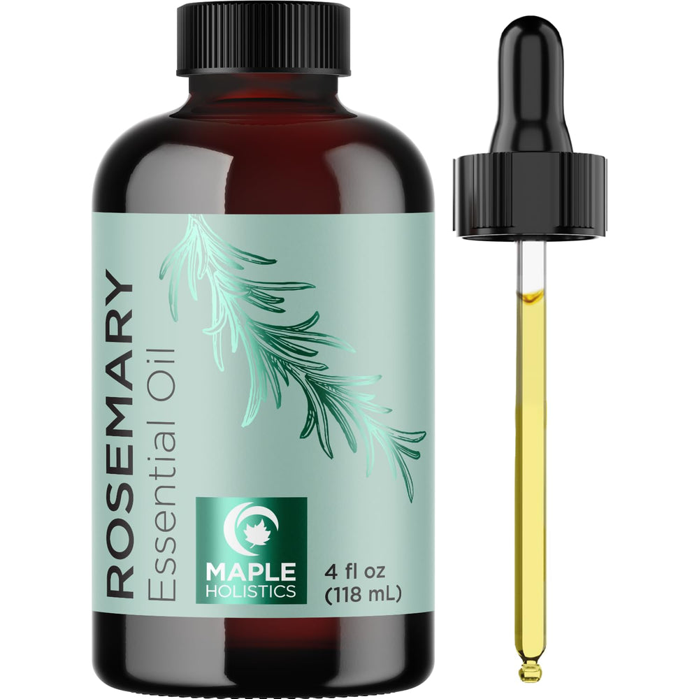 Maple Holistics rosemary oil bottle and dropper highlight simple at-home use