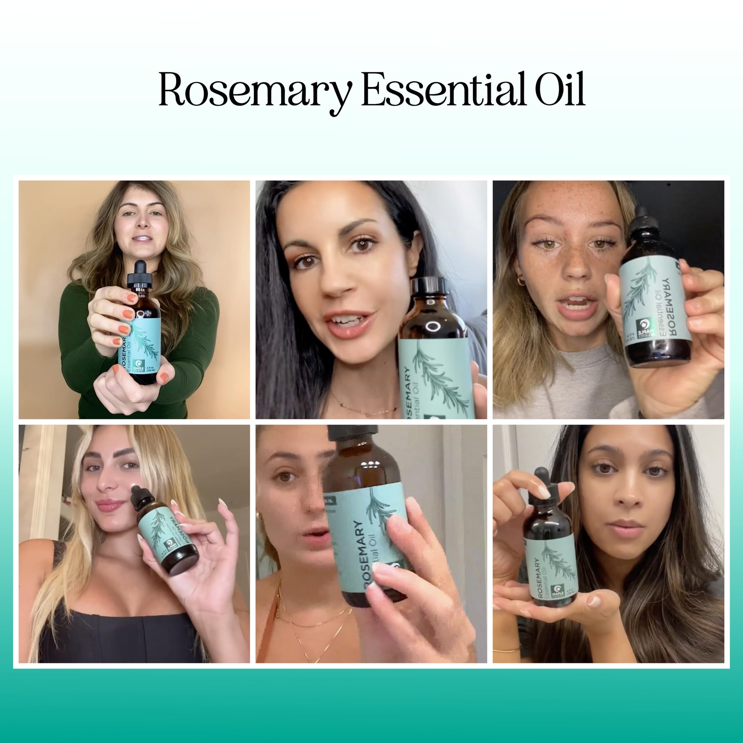 Maple Holistics rosemary oil bottle closeup for hair, skin, and diffuser use