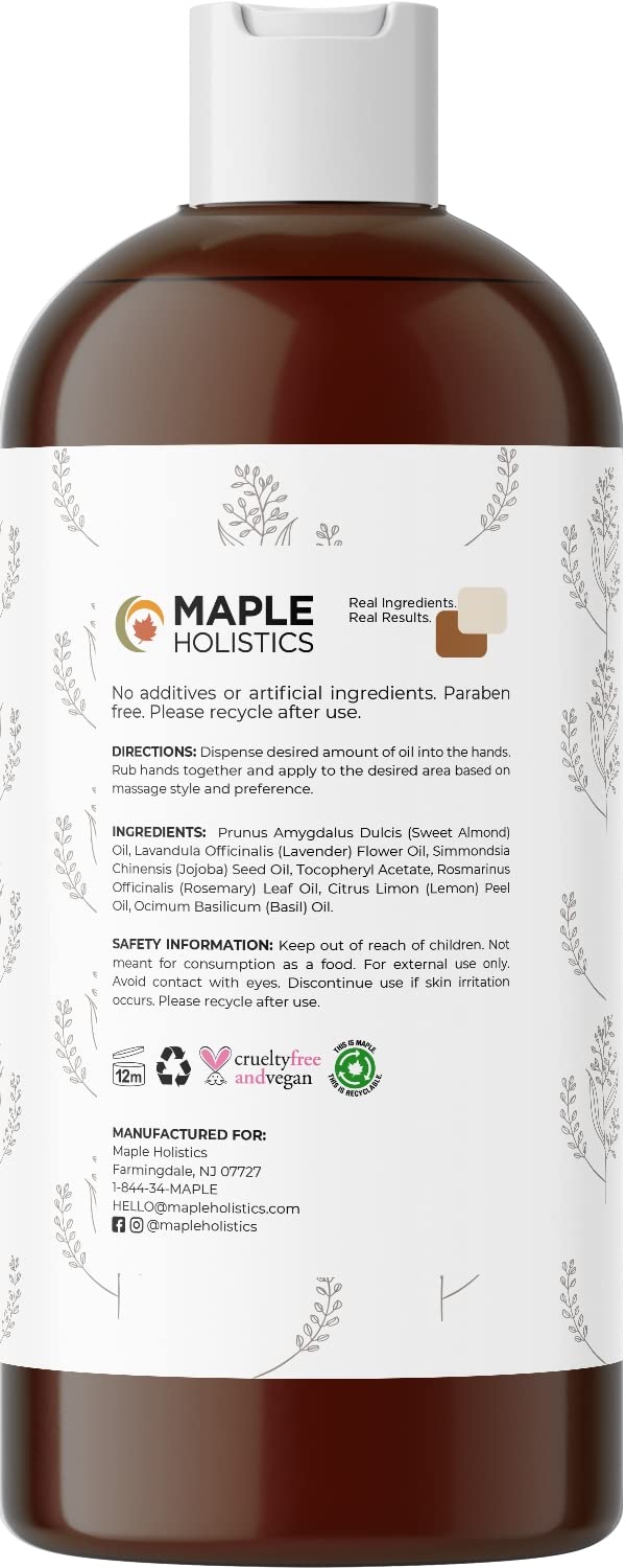 Maple Holistics massage oil label showing lavender and rosemary blend
