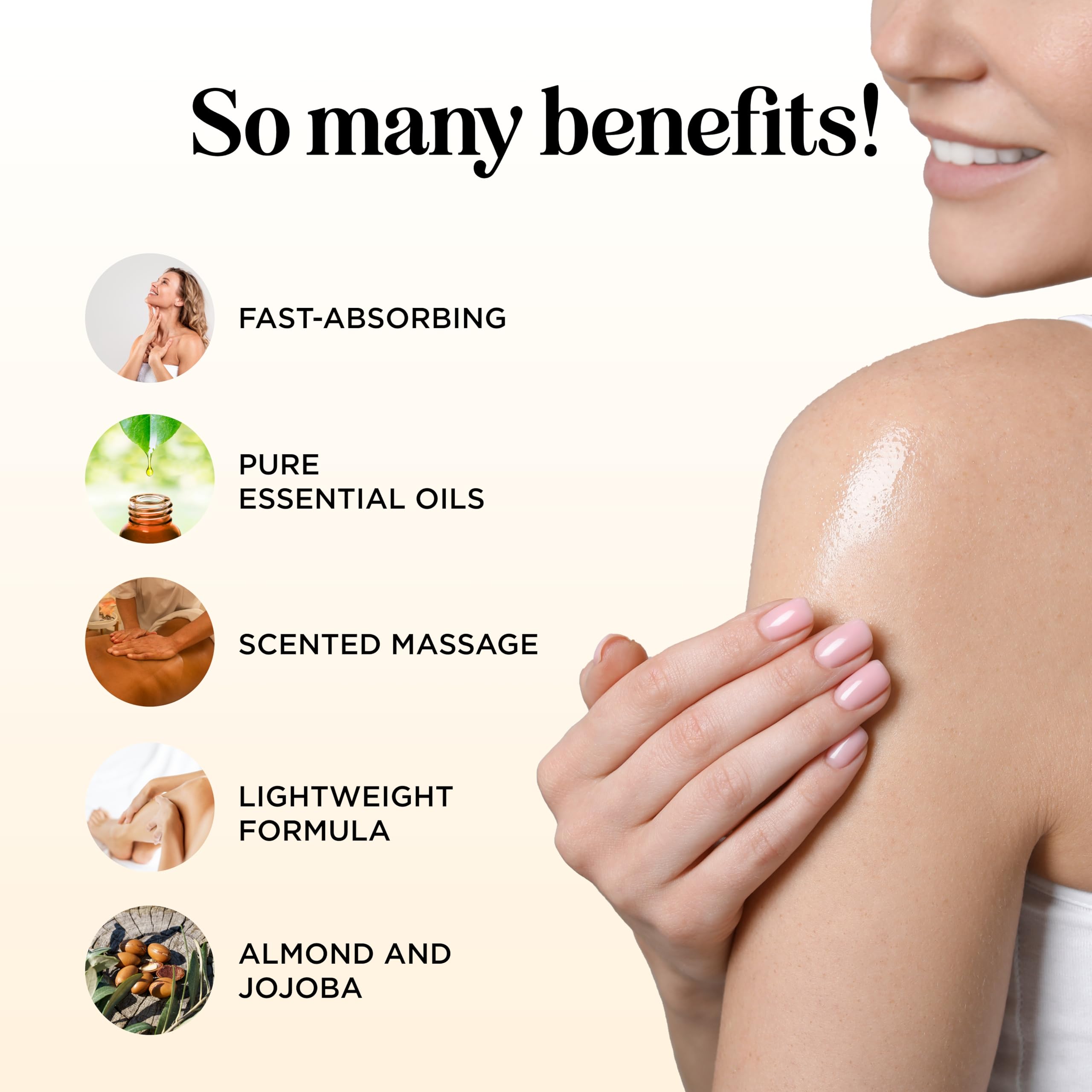 Close-up of vanilla-scented oil massaged into skin for moisturized feel.