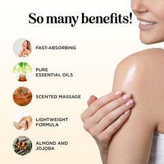 Close-up of vanilla-scented oil massaged into skin for moisturized feel.
