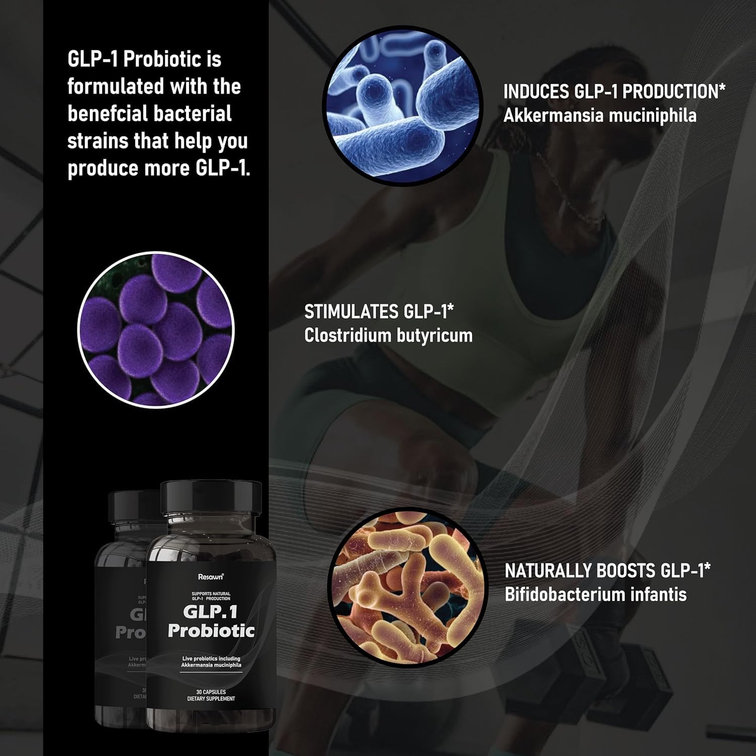 MAPUG GLP-1 Probiotic bottle back with ingredients and usage guidance for GLP-1 support