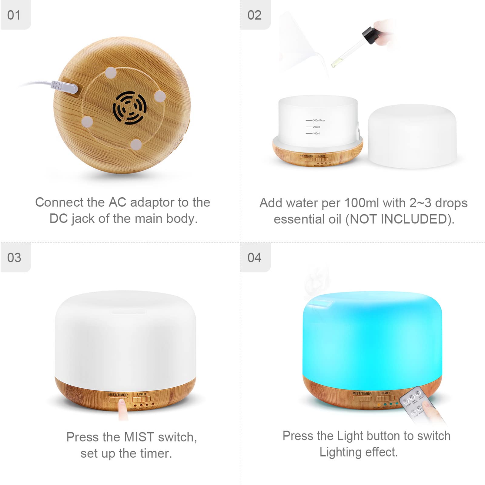 Marchred remote-control diffuser with seven LED hues for mood lighting